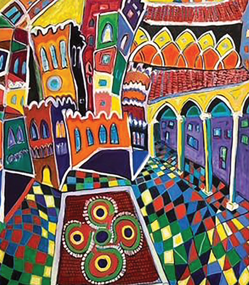 An original painting by Father Jerome Tupa — a vivid architectural courtyard in reds, golds and blues.
